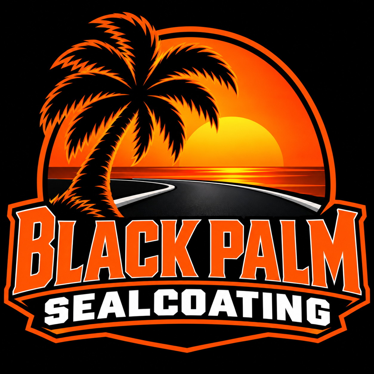 Black Palm — orange sunset, two palm trees, and a road.